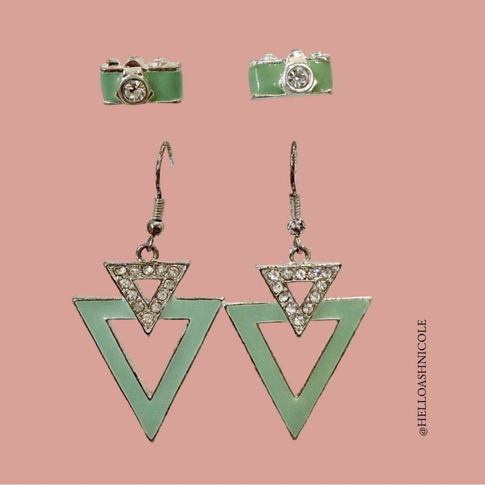 Set of 2 - Green and Silver Geometric & Camera Earrings